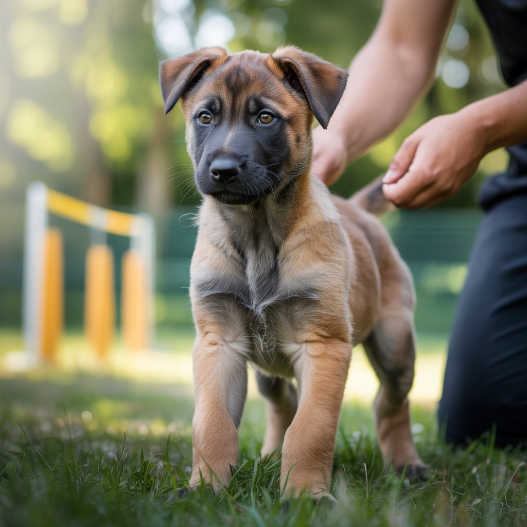 A Belgian Malinois puppy standing alert in an open outdoor space, symbolizing potential and working heritage, confident posture, sharp focus, athletic lines visible even at young age, natural background, realistic lighting, high-detail professional animal photography